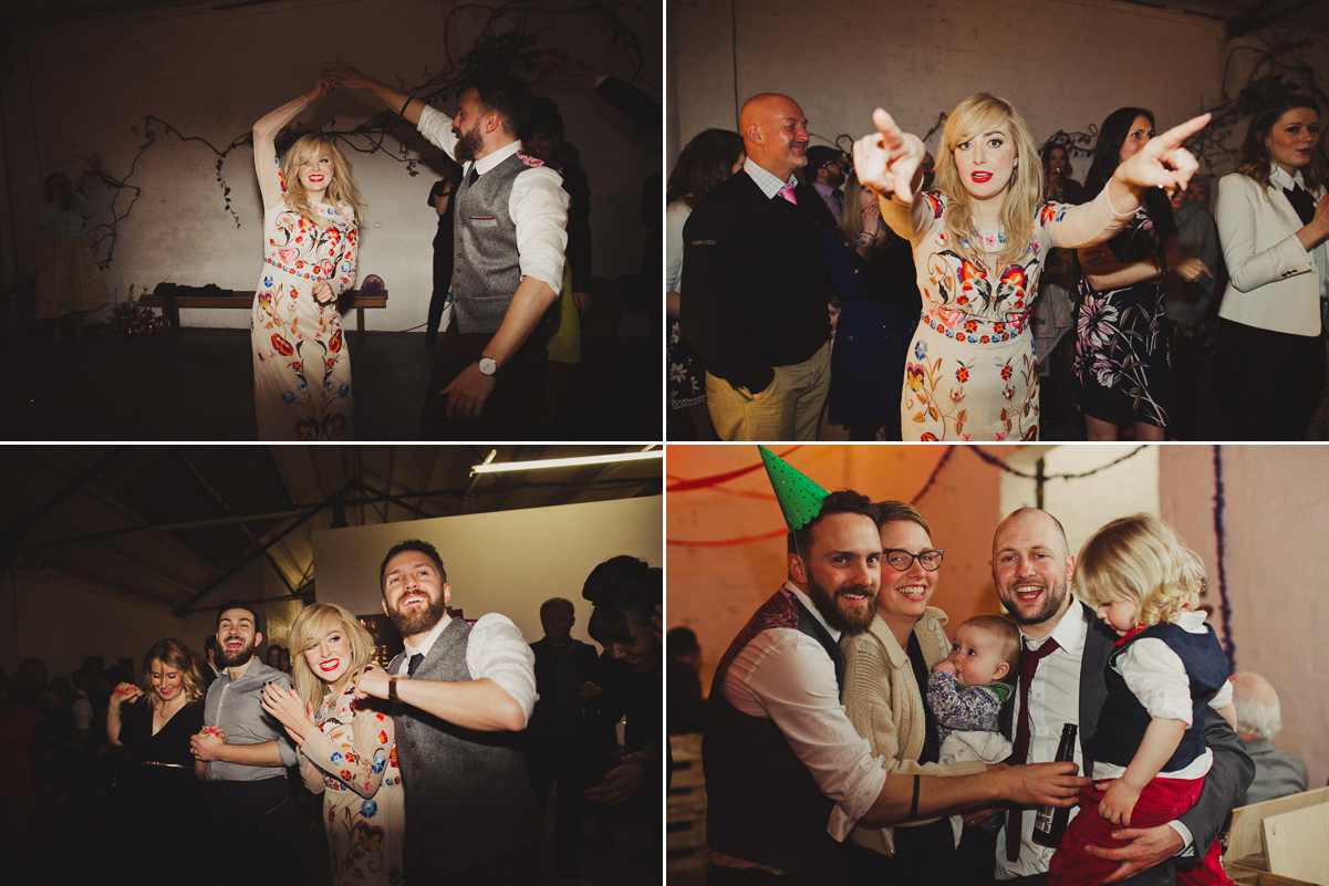 Gillian wore a colourful embroidered long sleeved gown by Temperley for her modern and alternative Woodside Warehouse wedding in Glasgow. Photography by Dan O'Day.