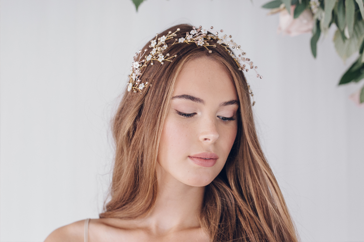 The Annette hair vine and Coralie pins worn as a crown, by Debbie Carlisle