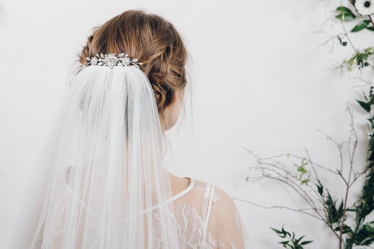 The Lucille Swarovski crystal and pearl veil comb with long veil