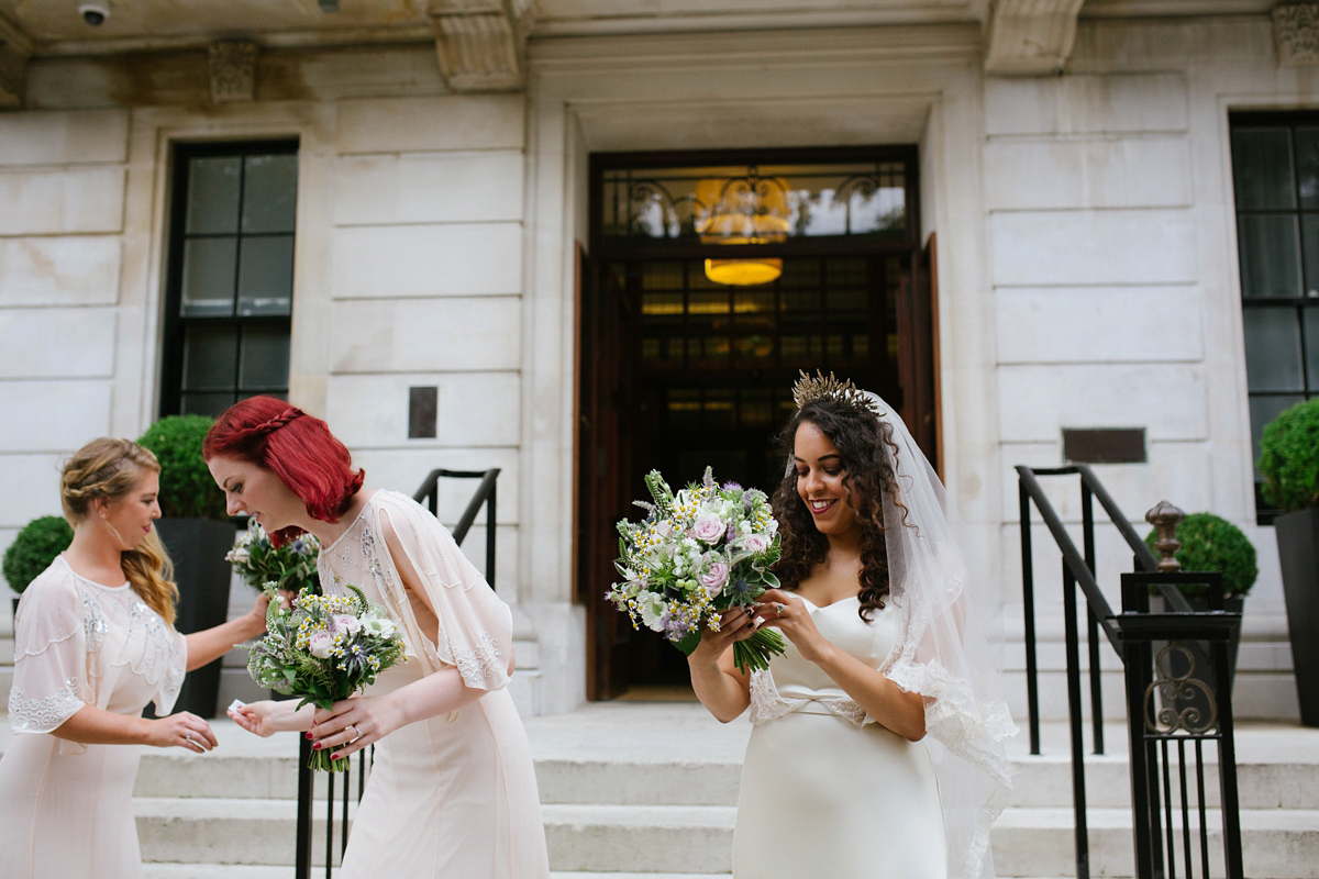 Bianca wore a Catherine Deane gown for her kitsch, cool and disco inspired London wedding. Photography by Emma Case.