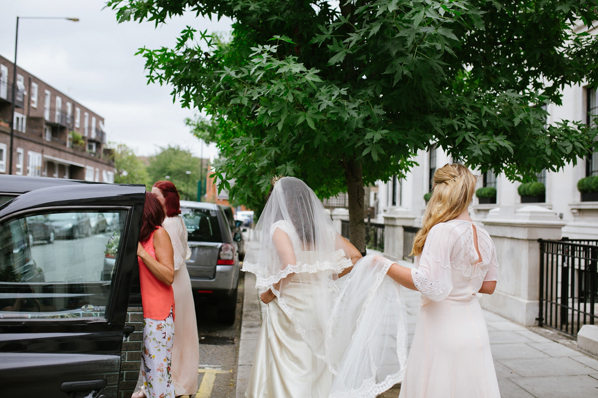 Bianca wore a Catherine Deane gown for her kitsch, cool and disco inspired London wedding. Photography by Emma Case.