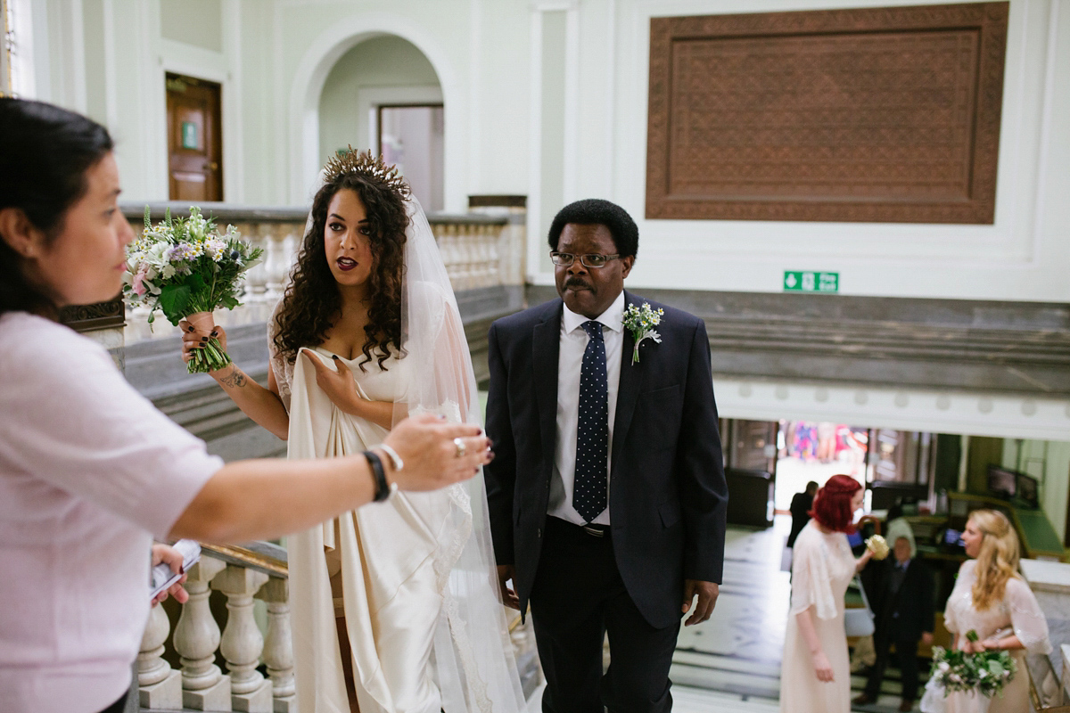 Bianca wore a Catherine Deane gown for her kitsch, cool and disco inspired London wedding. Photography by Emma Case.