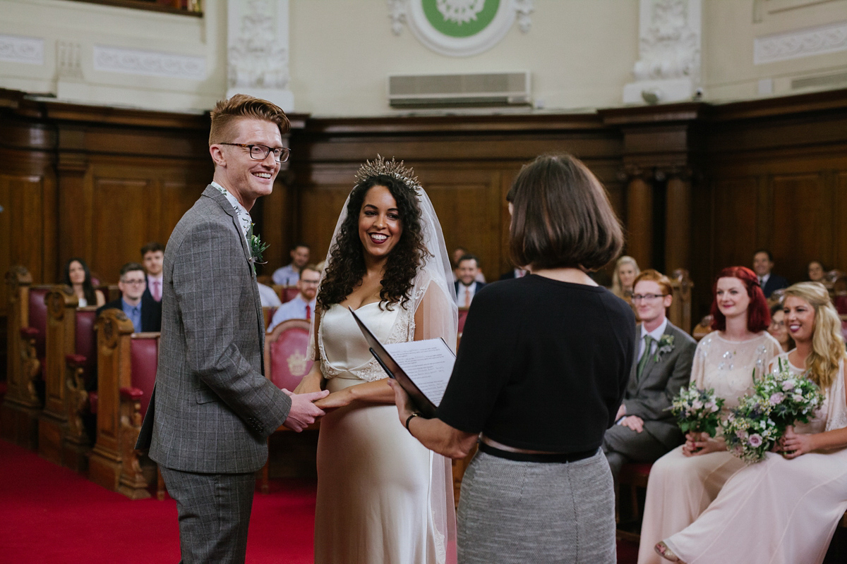 Bianca wore a Catherine Deane gown for her kitsch, cool and disco inspired London wedding. Photography by Emma Case.