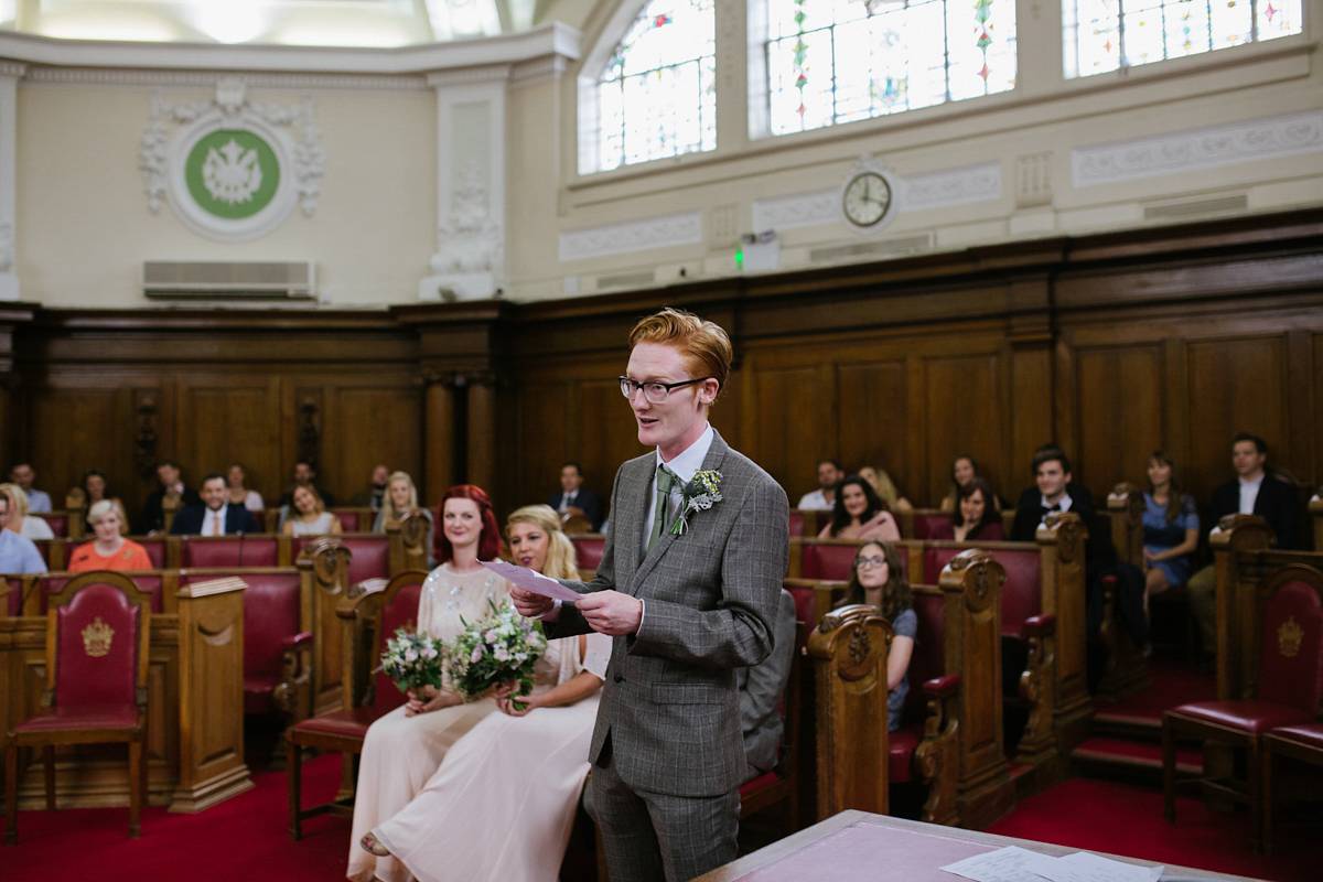 Bianca wore a Catherine Deane gown for her kitsch, cool and disco inspired London wedding. Photography by Emma Case.