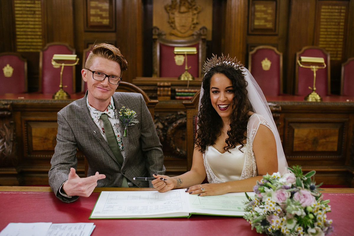 Bianca wore a Catherine Deane gown for her kitsch, cool and disco inspired London wedding. Photography by Emma Case.