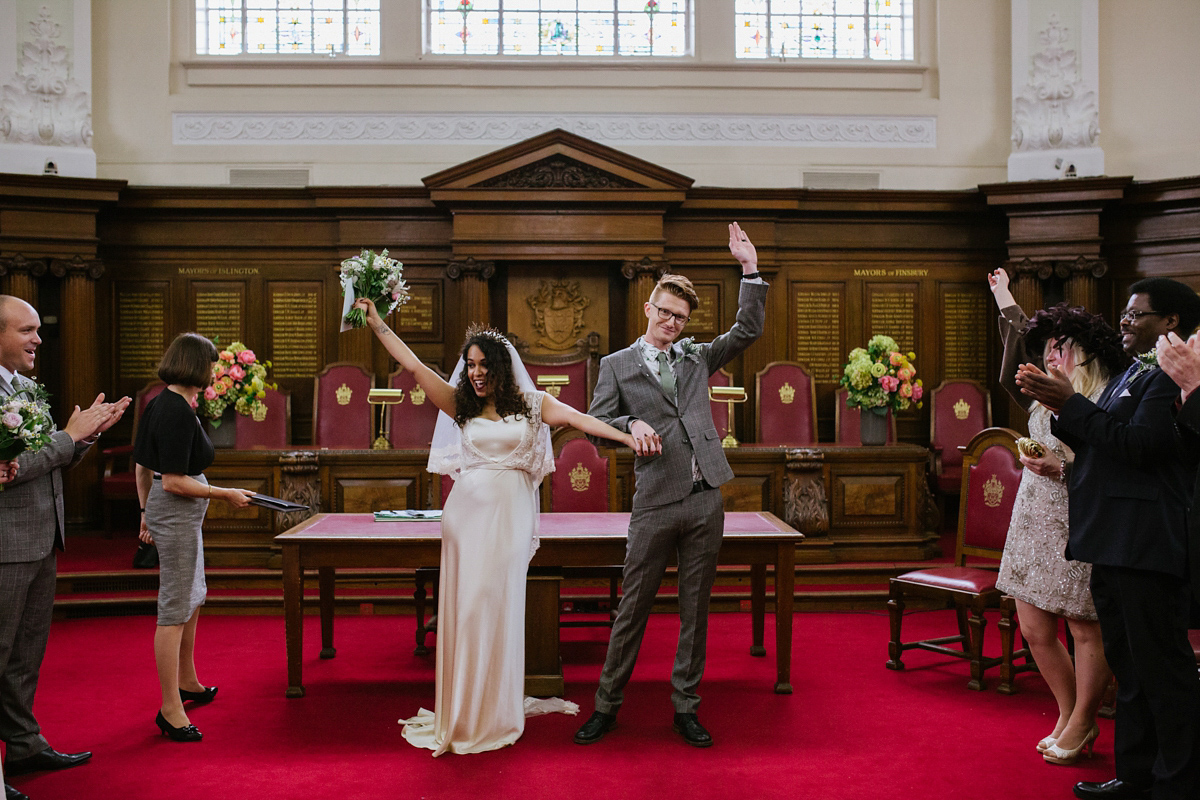 Bianca wore a Catherine Deane gown for her kitsch, cool and disco inspired London wedding. Photography by Emma Case.