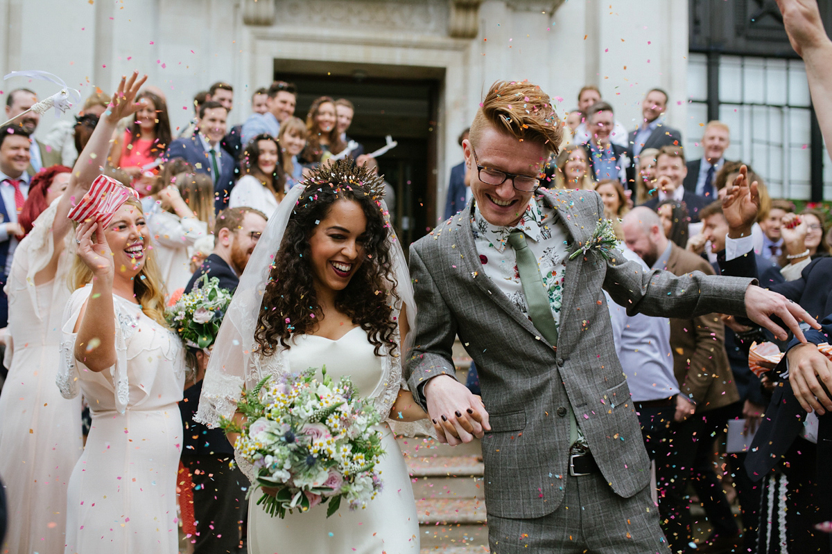 Bianca wore a Catherine Deane gown for her kitsch, cool and disco inspired London wedding. Photography by Emma Case.