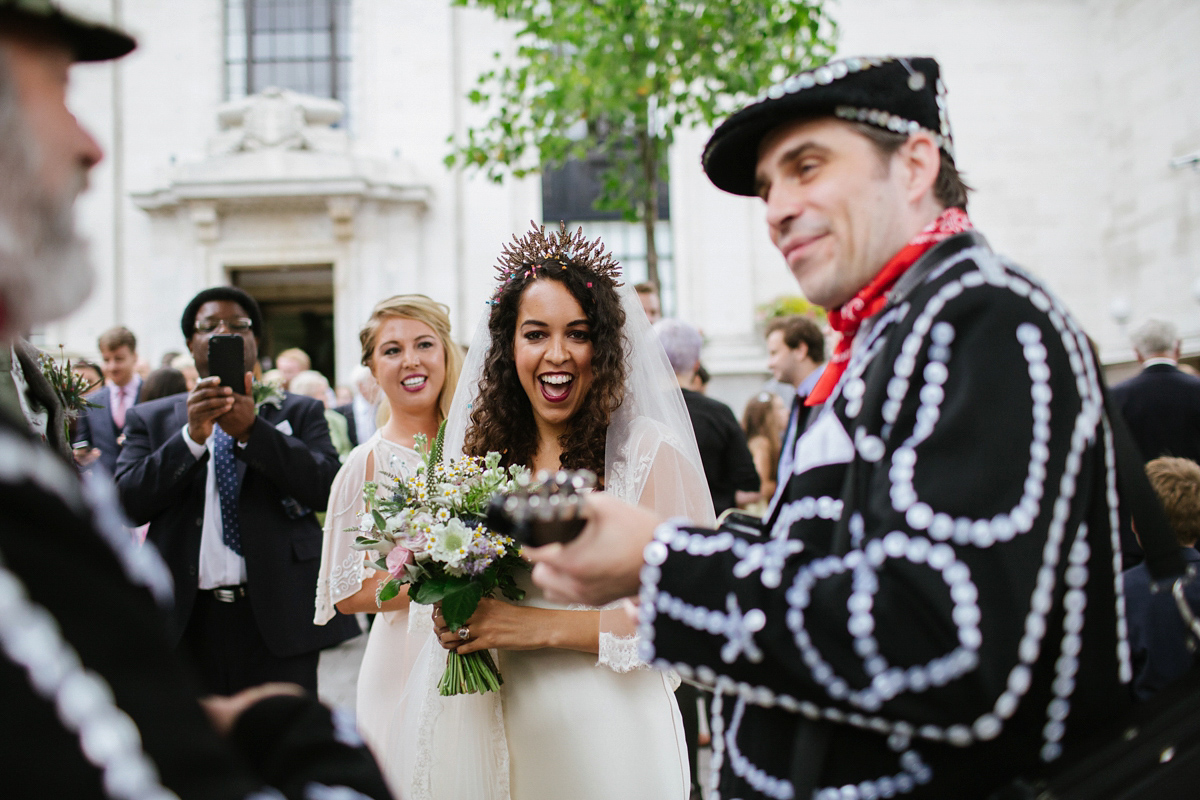 Bianca wore a Catherine Deane gown for her kitsch, cool and disco inspired London wedding. Photography by Emma Case.