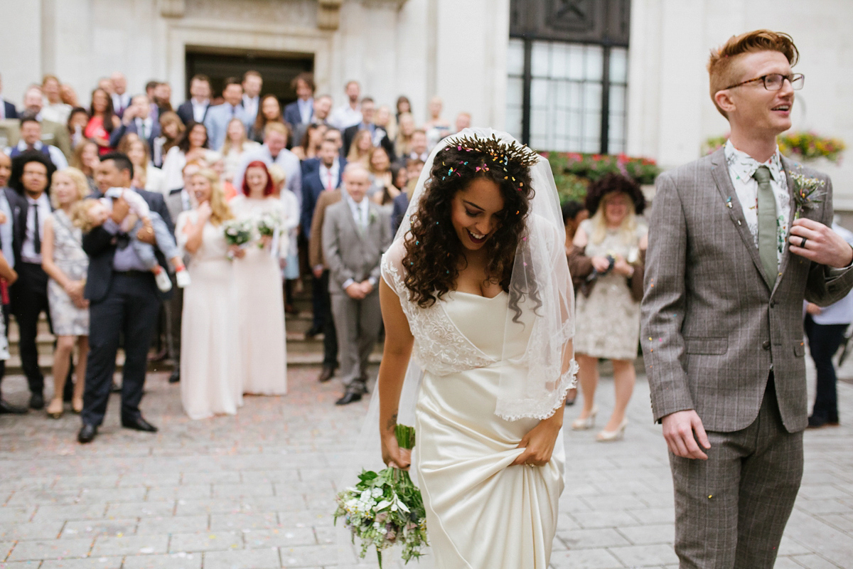 Bianca wore a Catherine Deane gown for her kitsch, cool and disco inspired London wedding. Photography by Emma Case.