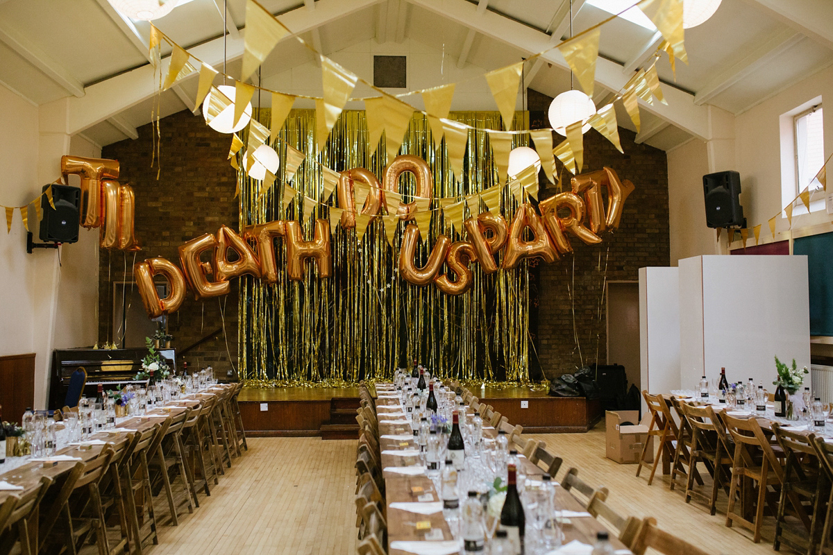 Bianca wore a Catherine Deane gown for her kitsch, cool and disco inspired London wedding. Photography by Emma Case.