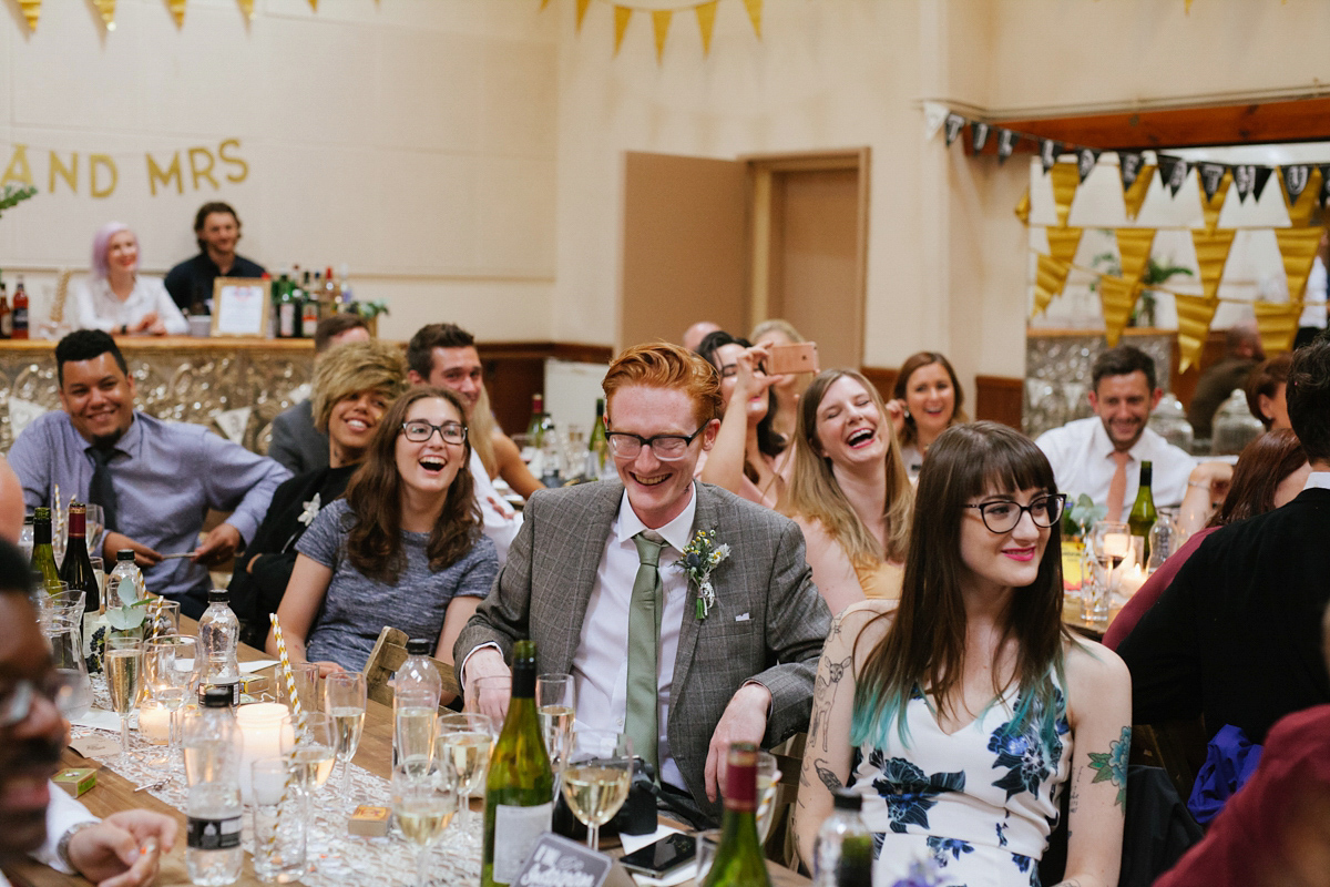 Bianca wore a Catherine Deane gown for her kitsch, cool and disco inspired London wedding. Photography by Emma Case.