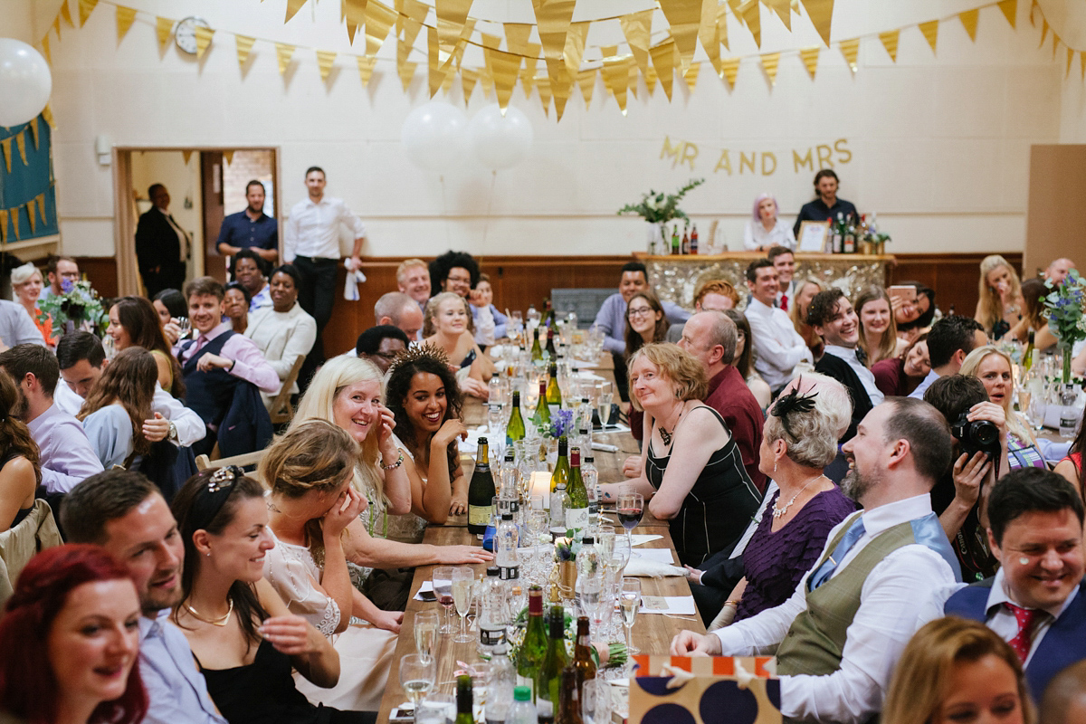 Bianca wore a Catherine Deane gown for her kitsch, cool and disco inspired London wedding. Photography by Emma Case.