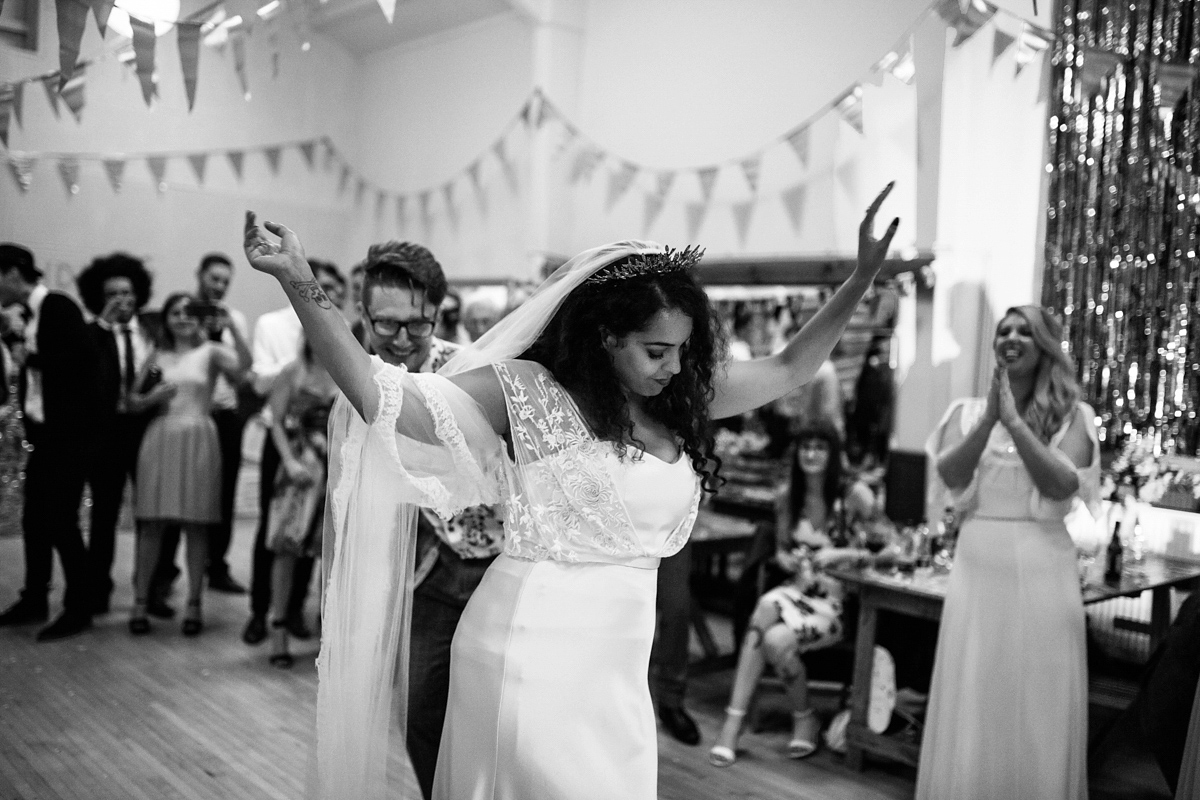 Bianca wore a Catherine Deane gown for her kitsch, cool and disco inspired London wedding. Photography by Emma Case.