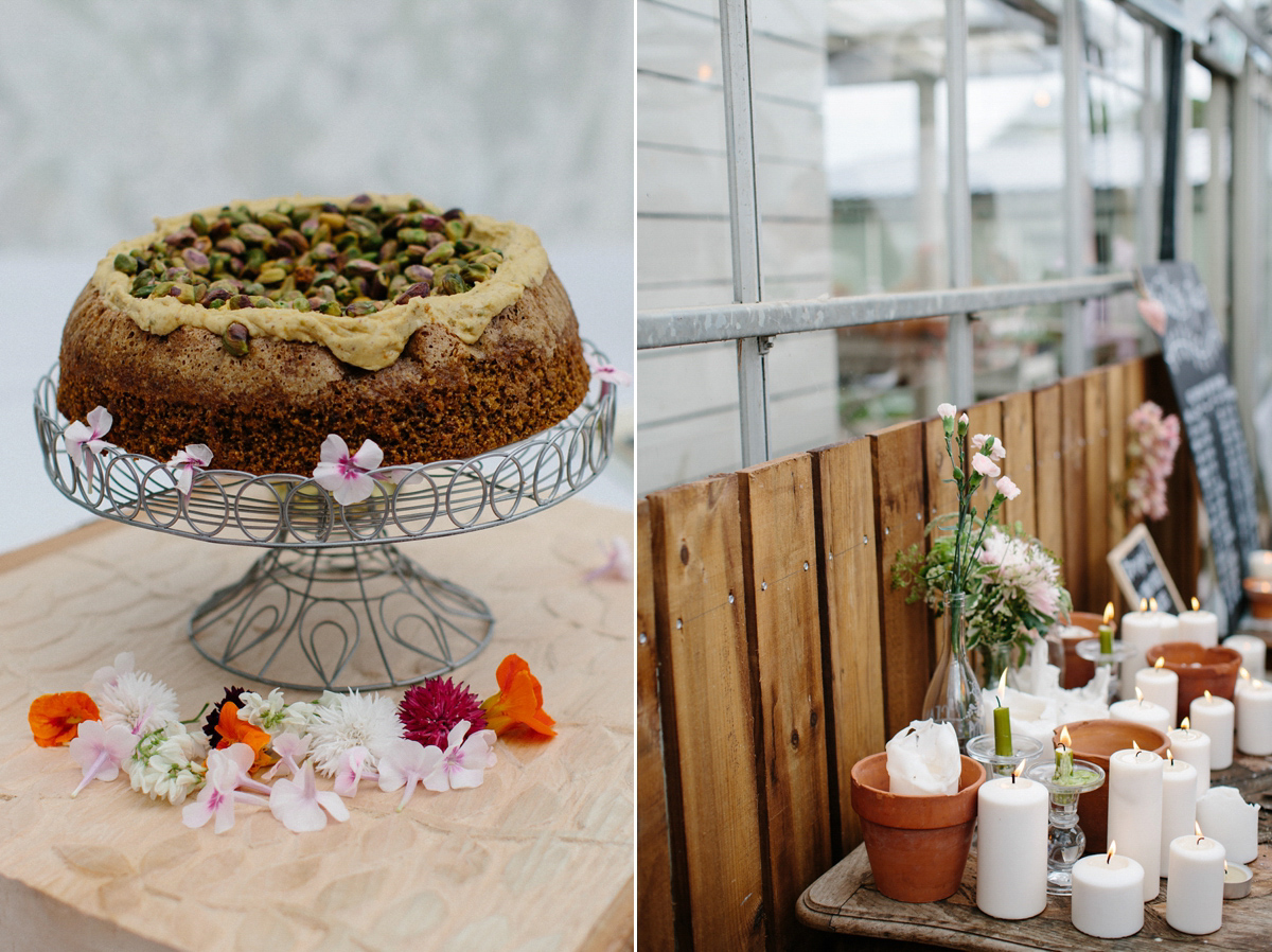 Rosa wore a boho dress by eco-bridal fashion label Minna for her vegetarian feast, secret herb garden wedding. Photography by Caro Weiss.