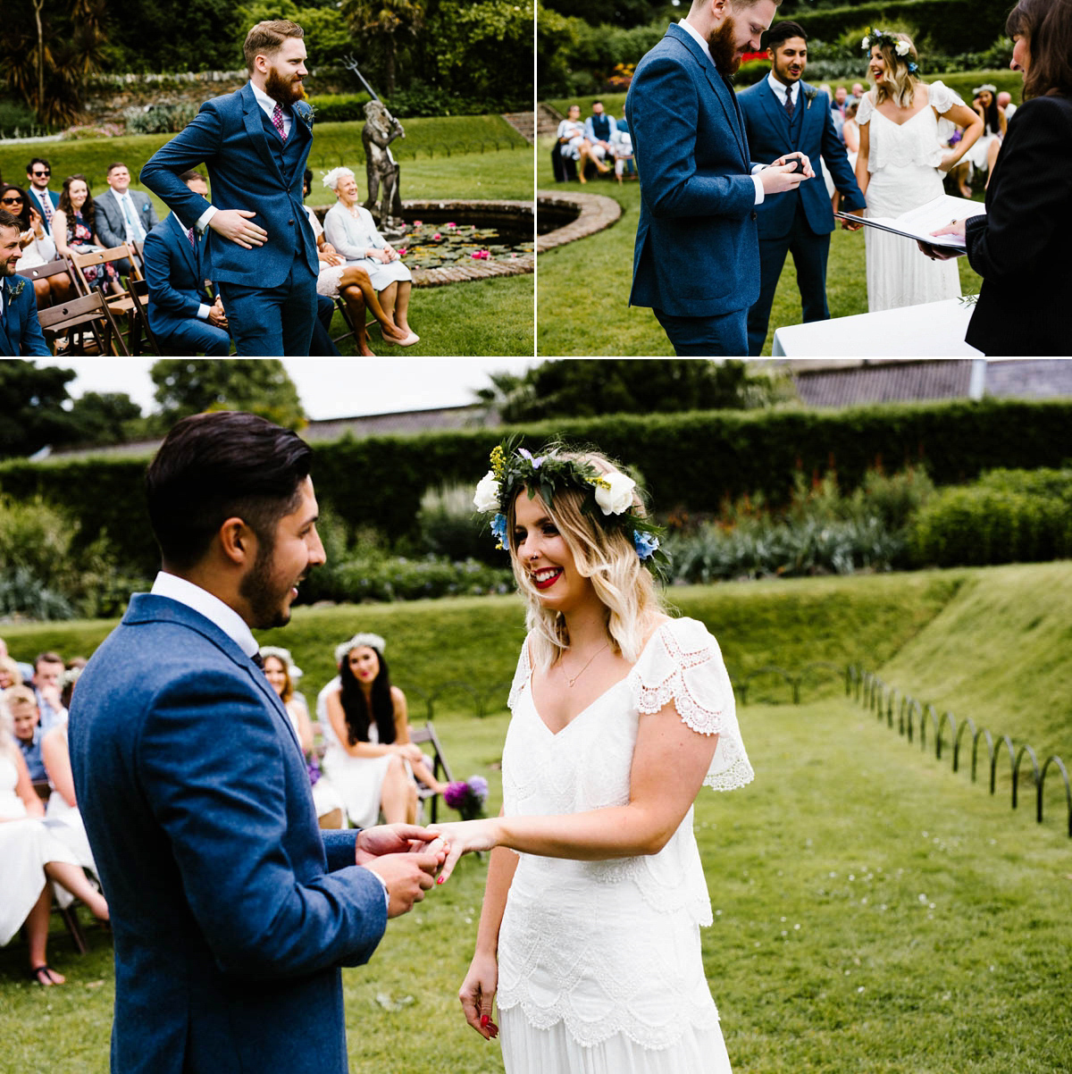 Kirsty wore a Rue de Seine gown from Leonie C. Bridal boutique in Brighton. Her handmade, Summer wedding took place in a Game of Thrones venue in Downpatrick. It was filled with floral chandeliers. Photography by Honey and the Moon.