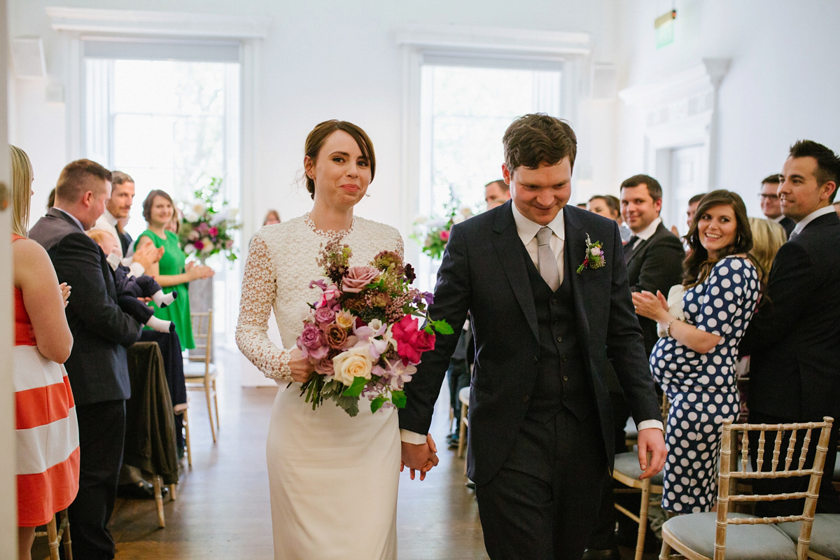 Faye wore a long sleeved, backless Self Portrait dress for her fuss-free, chic and modern wedding at the ICA in London. Photography by Emma Case.