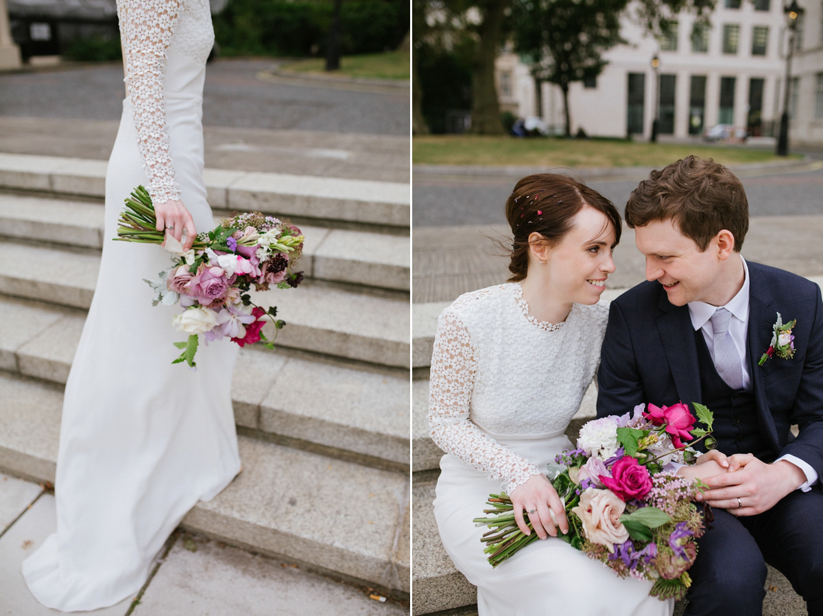 Faye wore a long sleeved, backless Self Portrait dress for her fuss-free, chic and modern wedding at the ICA in London. Photography by Emma Case.