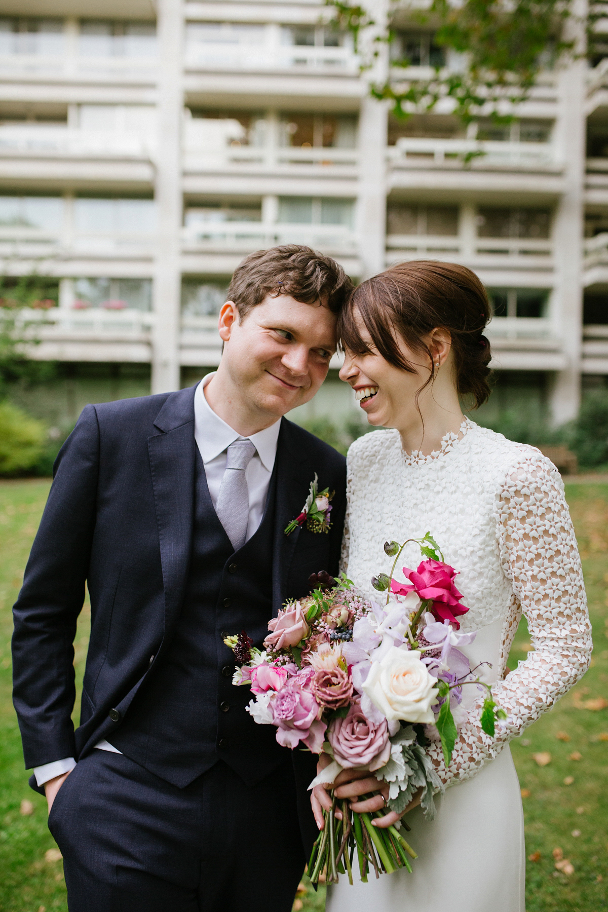 Faye wore a long sleeved, backless Self Portrait dress for her fuss-free, chic and modern wedding at the ICA in London. Photography by Emma Case.