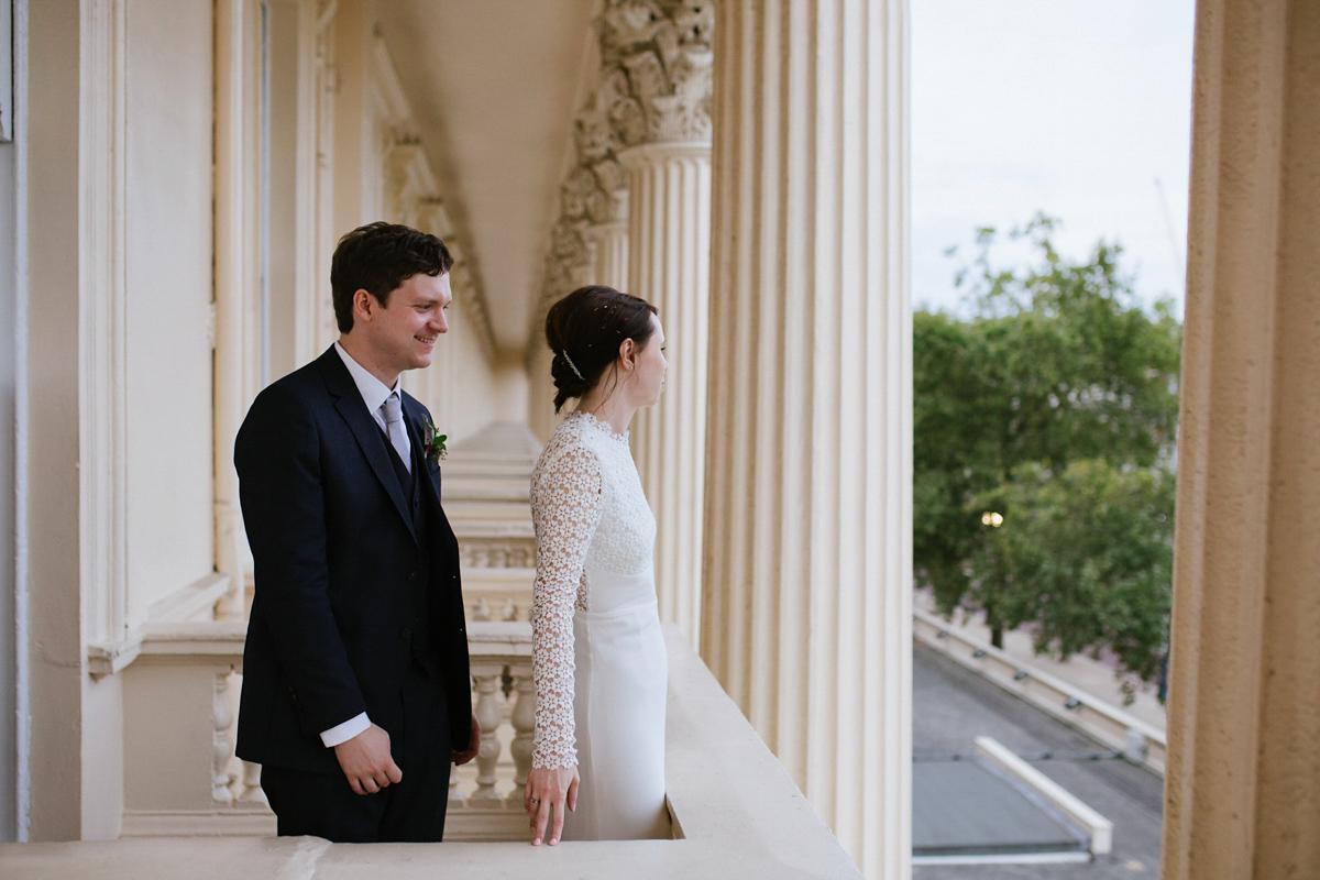 Faye wore a long sleeved, backless Self Portrait dress for her fuss-free, chic and modern wedding at the ICA in London. Photography by Emma Case.