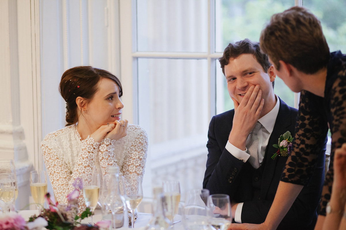 Faye wore a long sleeved, backless Self Portrait dress for her fuss-free, chic and modern wedding at the ICA in London. Photography by Emma Case.