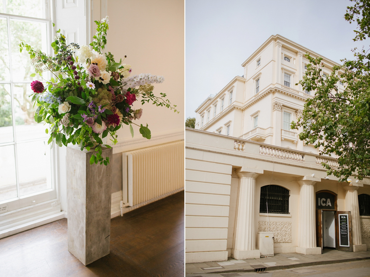 Faye wore a long sleeved, backless Self Portrait dress for her fuss-free, chic and modern wedding at the ICA in London. Photography by Emma Case.