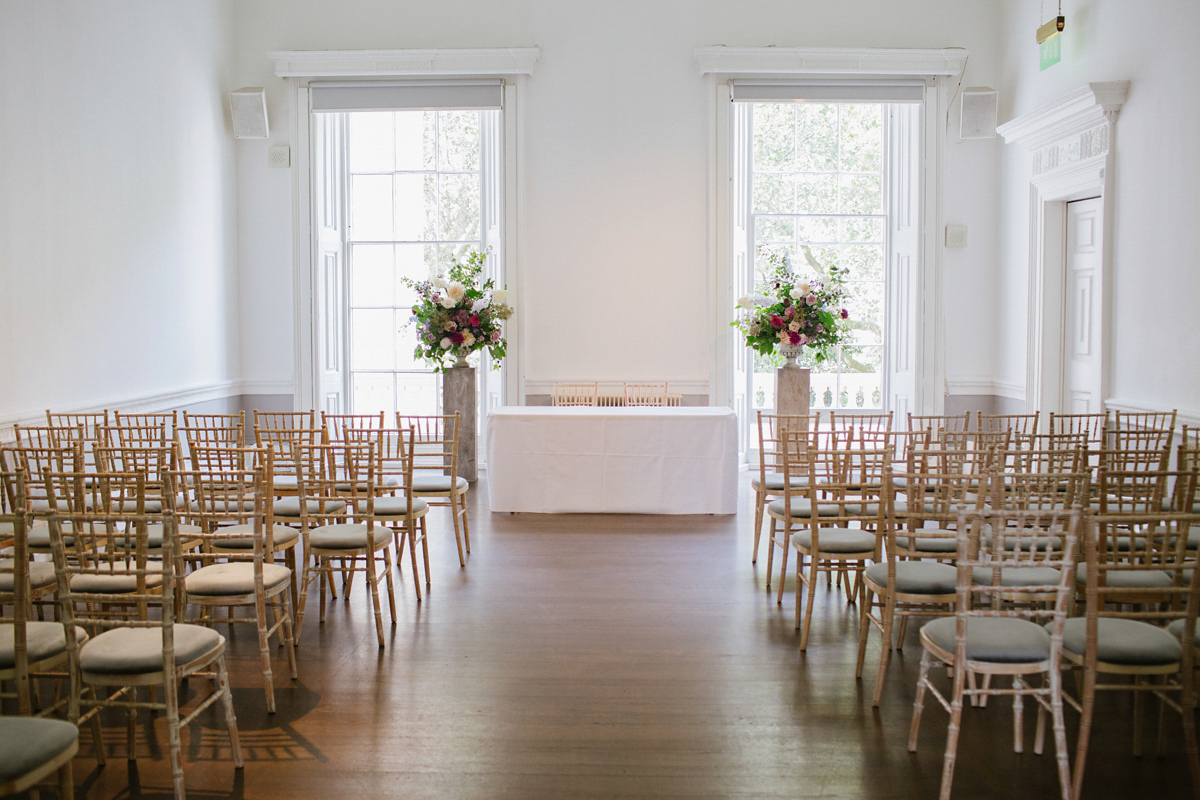 Faye wore a long sleeved, backless Self Portrait dress for her fuss-free, chic and modern wedding at the ICA in London. Photography by Emma Case.