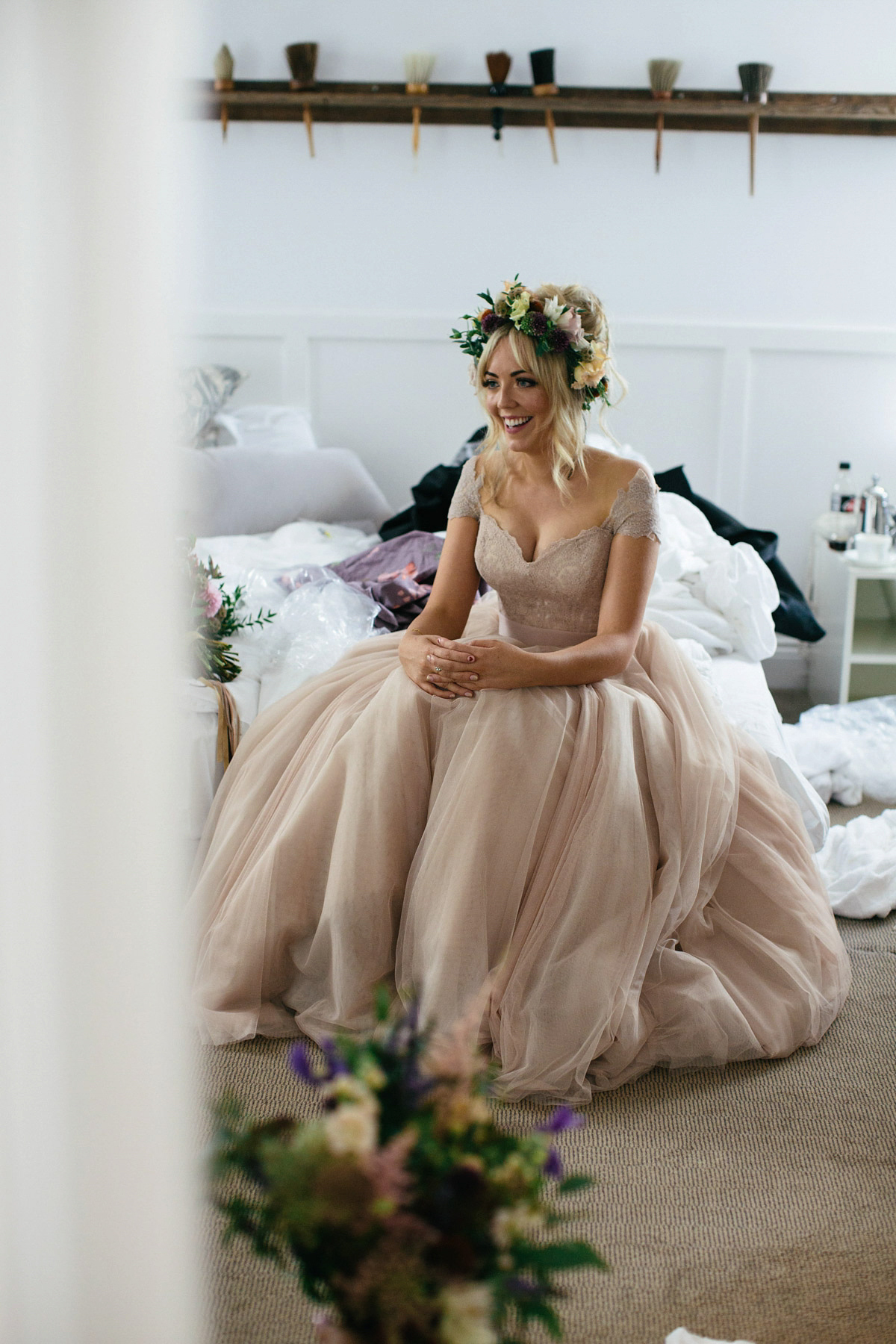 Jillian wore a dusky pink 2-piece dress by Watters for her romantic outdoor wedding ceremony in Scotland. Captured by MIrrorbox Photography.