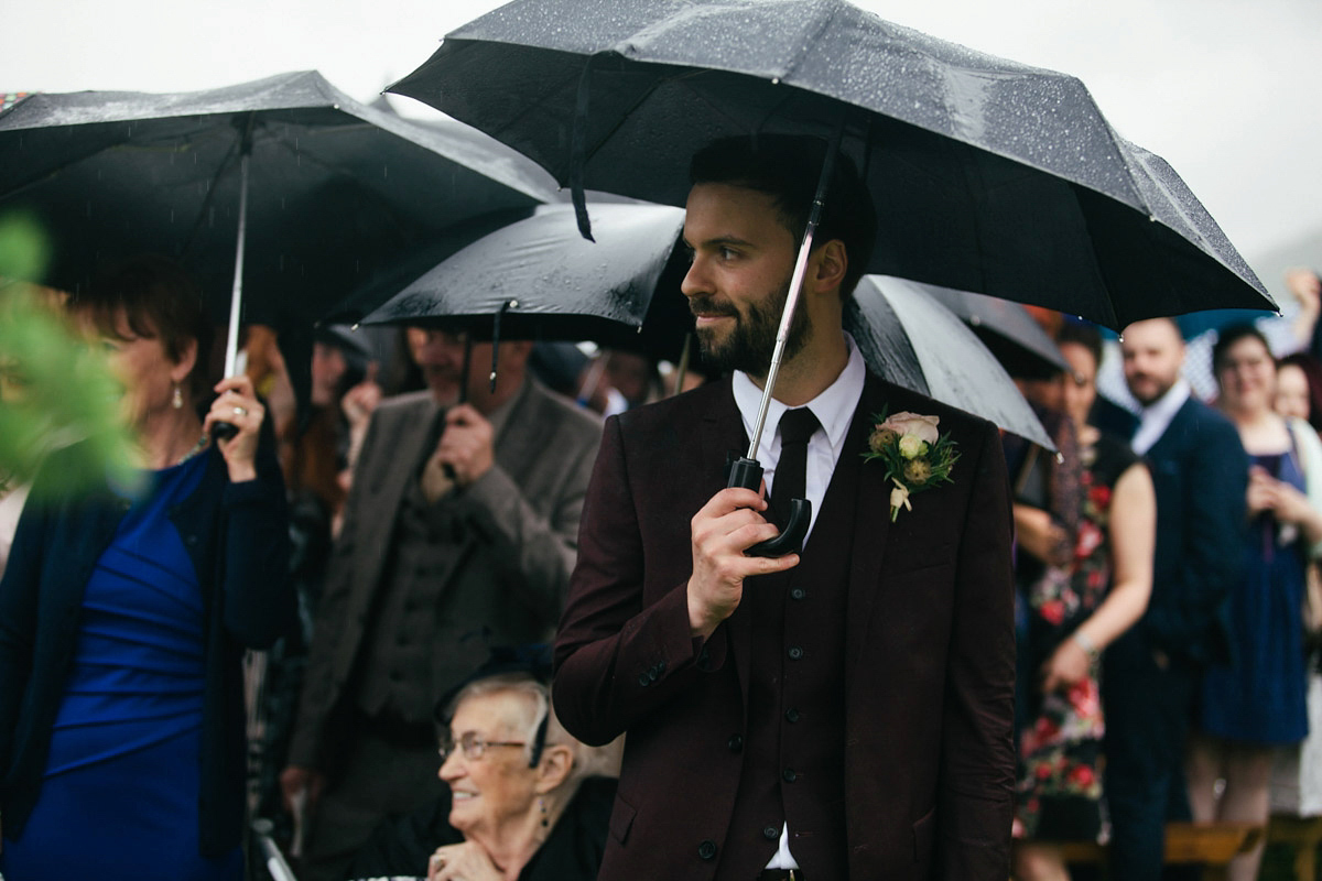 Jillian wore a dusky pink 2-piece dress by Watters for her romantic outdoor wedding ceremony in Scotland. Captured by MIrrorbox Photography.