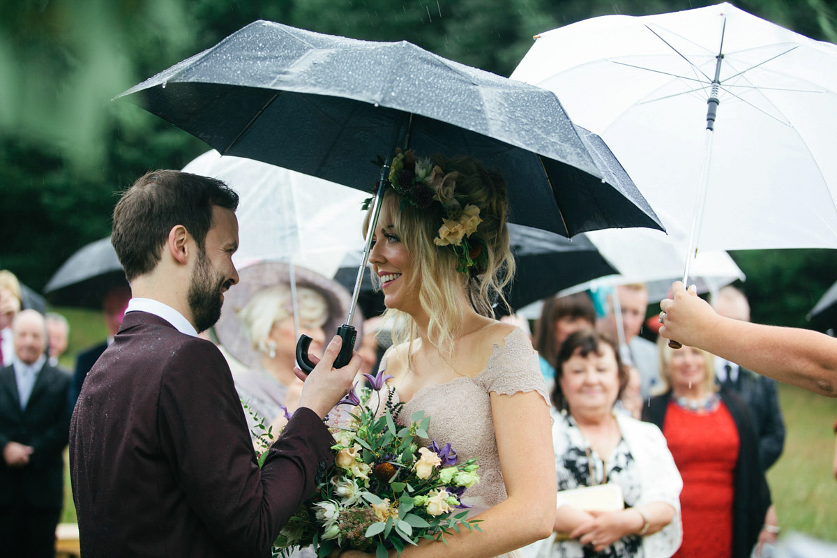 Jillian wore a dusky pink 2-piece dress by Watters for her romantic outdoor wedding ceremony in Scotland. Captured by MIrrorbox Photography.