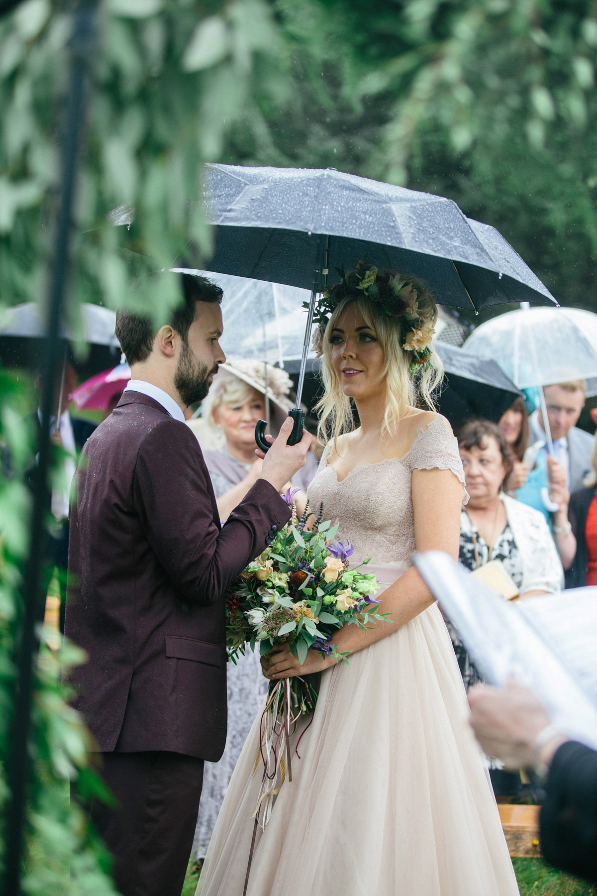 Jillian wore a dusky pink 2-piece dress by Watters for her romantic outdoor wedding ceremony in Scotland. Captured by MIrrorbox Photography.