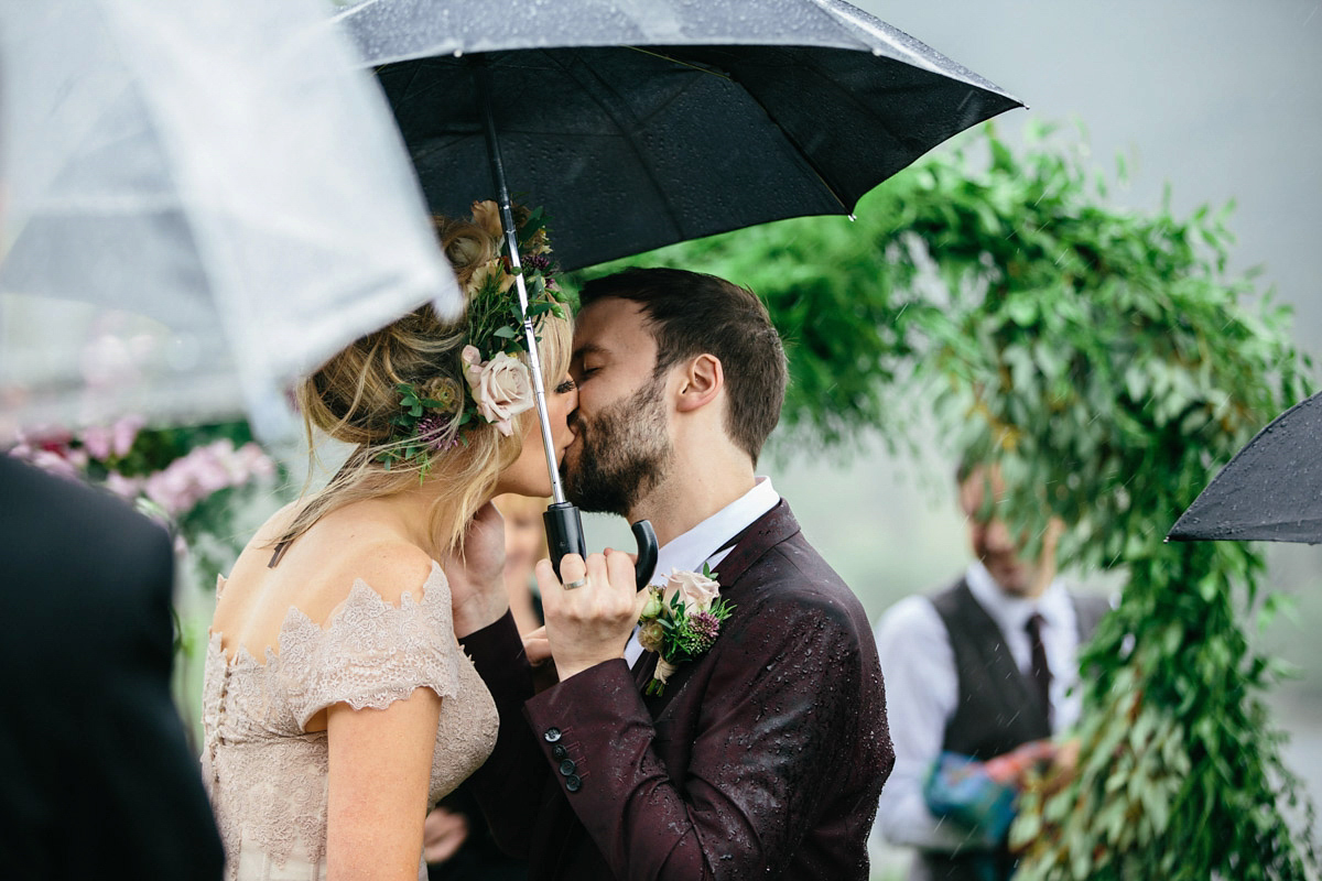 Jillian wore a dusky pink 2-piece dress by Watters for her romantic outdoor wedding ceremony in Scotland. Captured by MIrrorbox Photography.