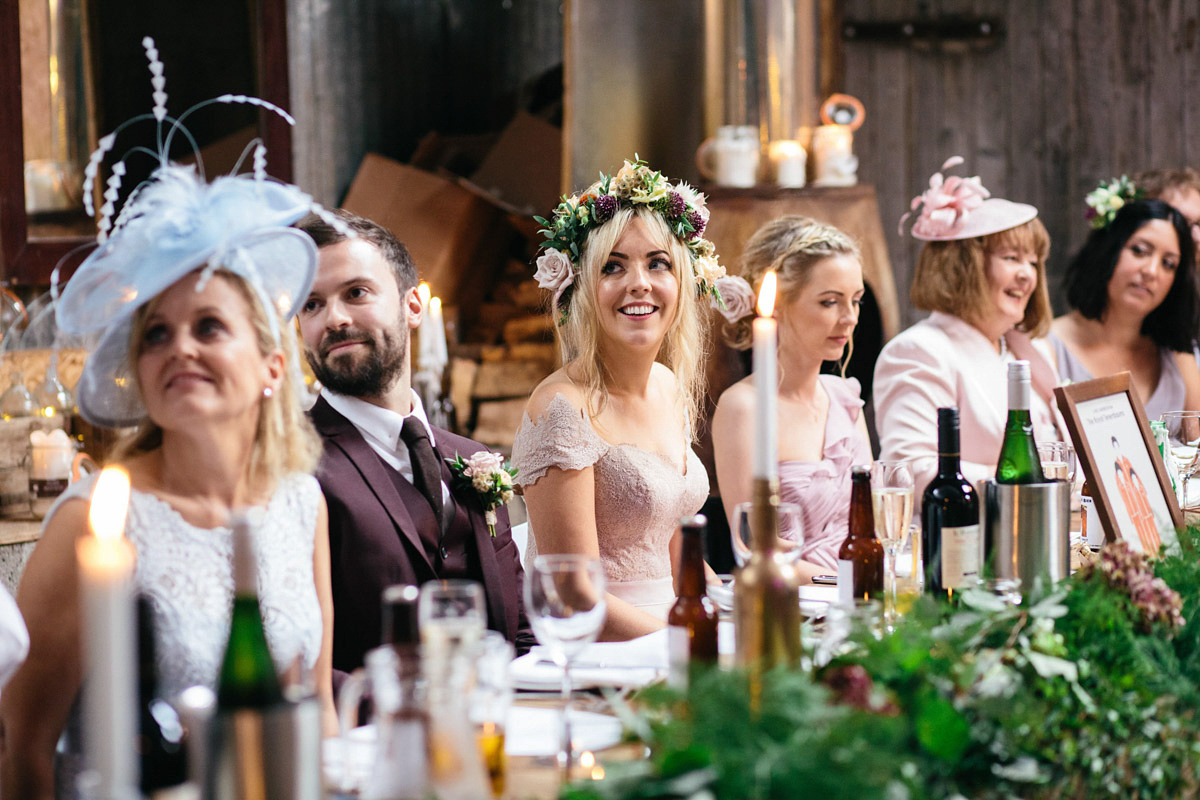 Jillian wore a dusky pink 2-piece dress by Watters for her romantic outdoor wedding ceremony in Scotland. Captured by MIrrorbox Photography.