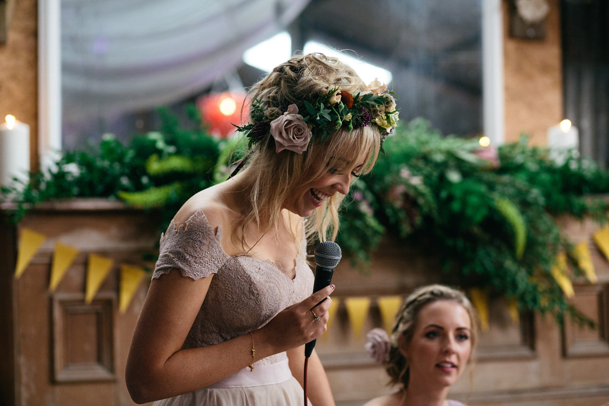 Jillian wore a dusky pink 2-piece dress by Watters for her romantic outdoor wedding ceremony in Scotland. Captured by MIrrorbox Photography.