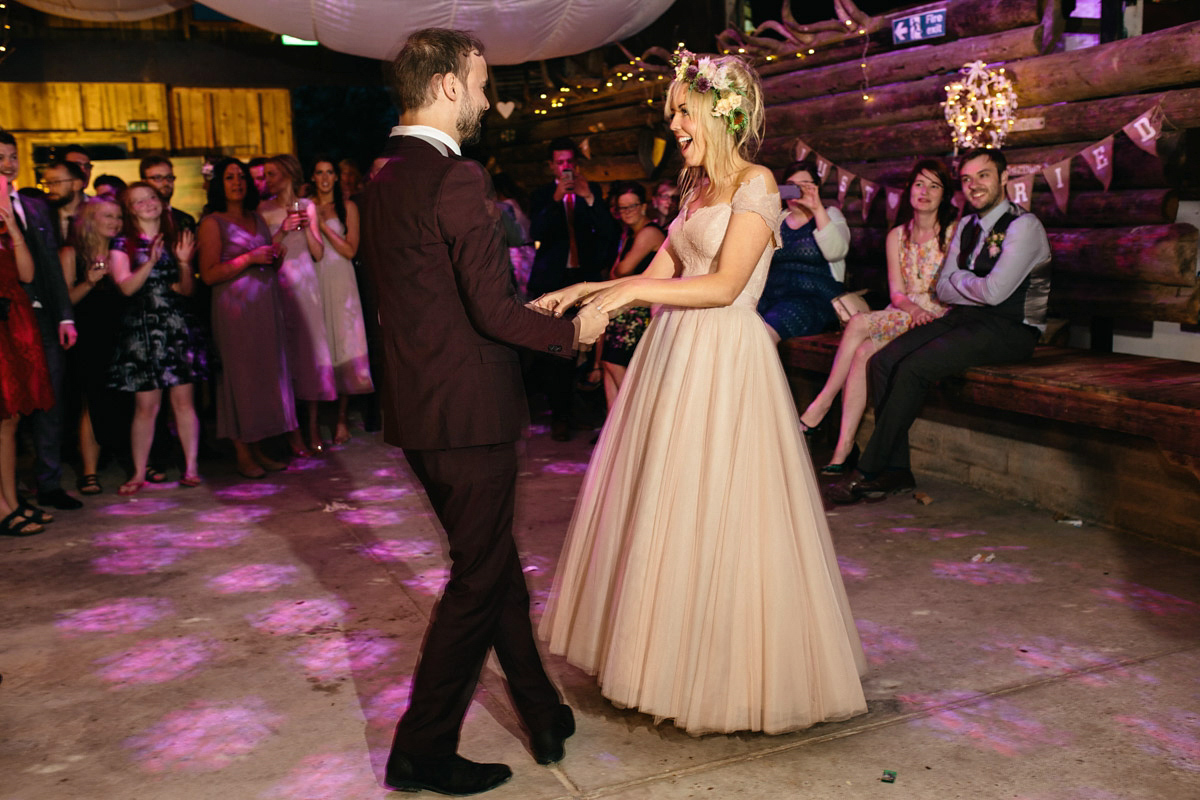 Jillian wore a dusky pink 2-piece dress by Watters for her romantic outdoor wedding ceremony in Scotland. Captured by MIrrorbox Photography.