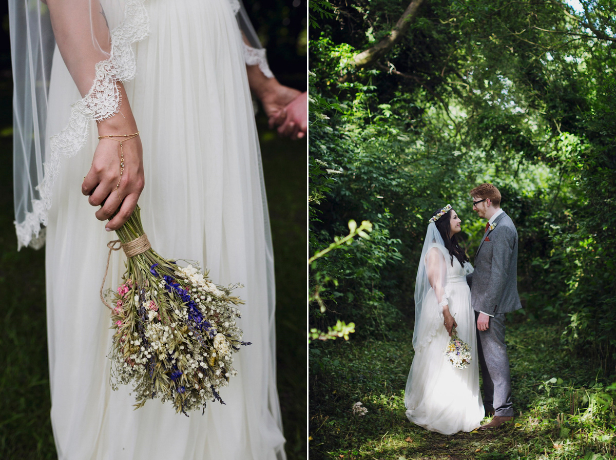 Etsy illustrator Kerris wore an ASOS wedding dress for her boho and handmade village hall wedding. We love the comic book confetti! Photography by Mark Tattersall.