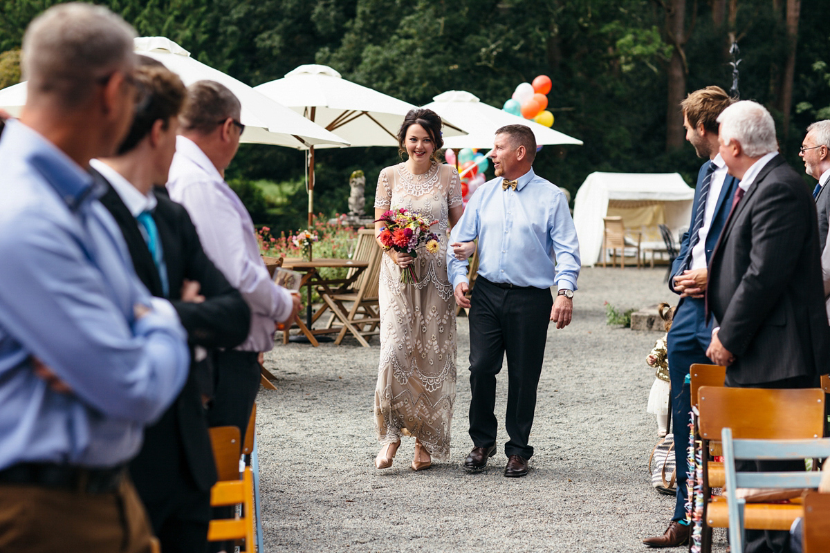 Emily wore a Needle & Thread dress for her colourful, balloon and glitter filled wedding at Coombe Trenchard. Images by Freckle Photography.