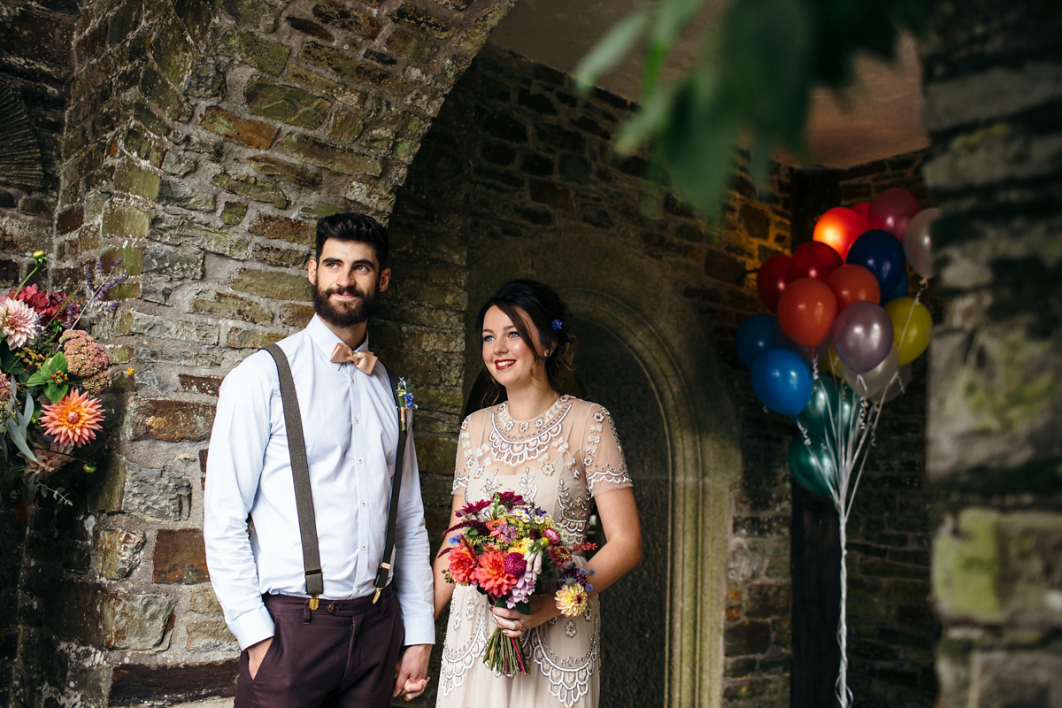 Emily wore a Needle & Thread dress for her colourful, balloon and glitter filled wedding at Coombe Trenchard. Images by Freckle Photography.