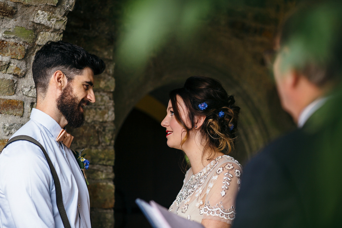 Emily wore a Needle & Thread dress for her colourful, balloon and glitter filled wedding at Coombe Trenchard. Images by Freckle Photography.