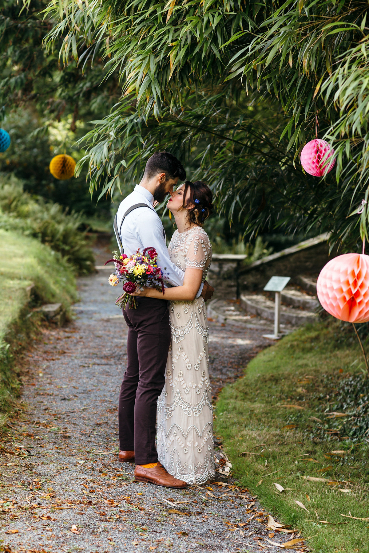 Emily wore a Needle & Thread dress for her colourful, balloon and glitter filled wedding at Coombe Trenchard. Images by Freckle Photography.