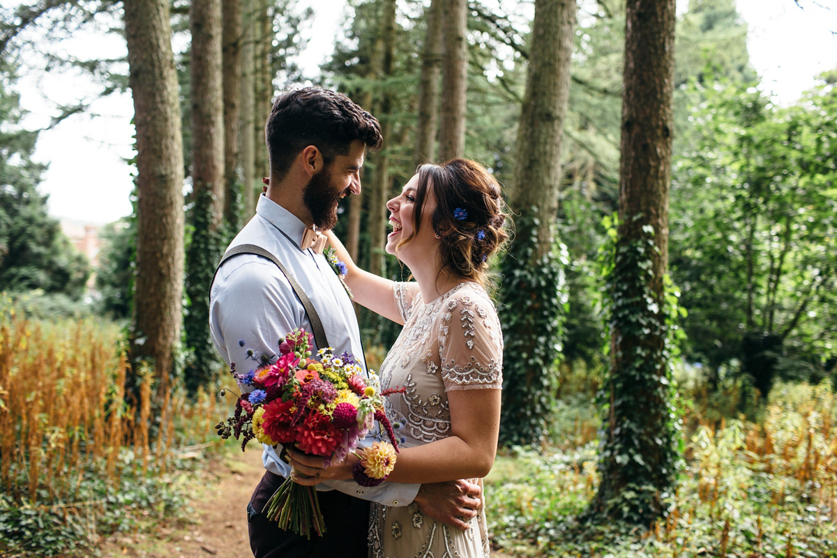 Emily wore a Needle & Thread dress for her colourful, balloon and glitter filled wedding at Coombe Trenchard. Images by Freckle Photography.