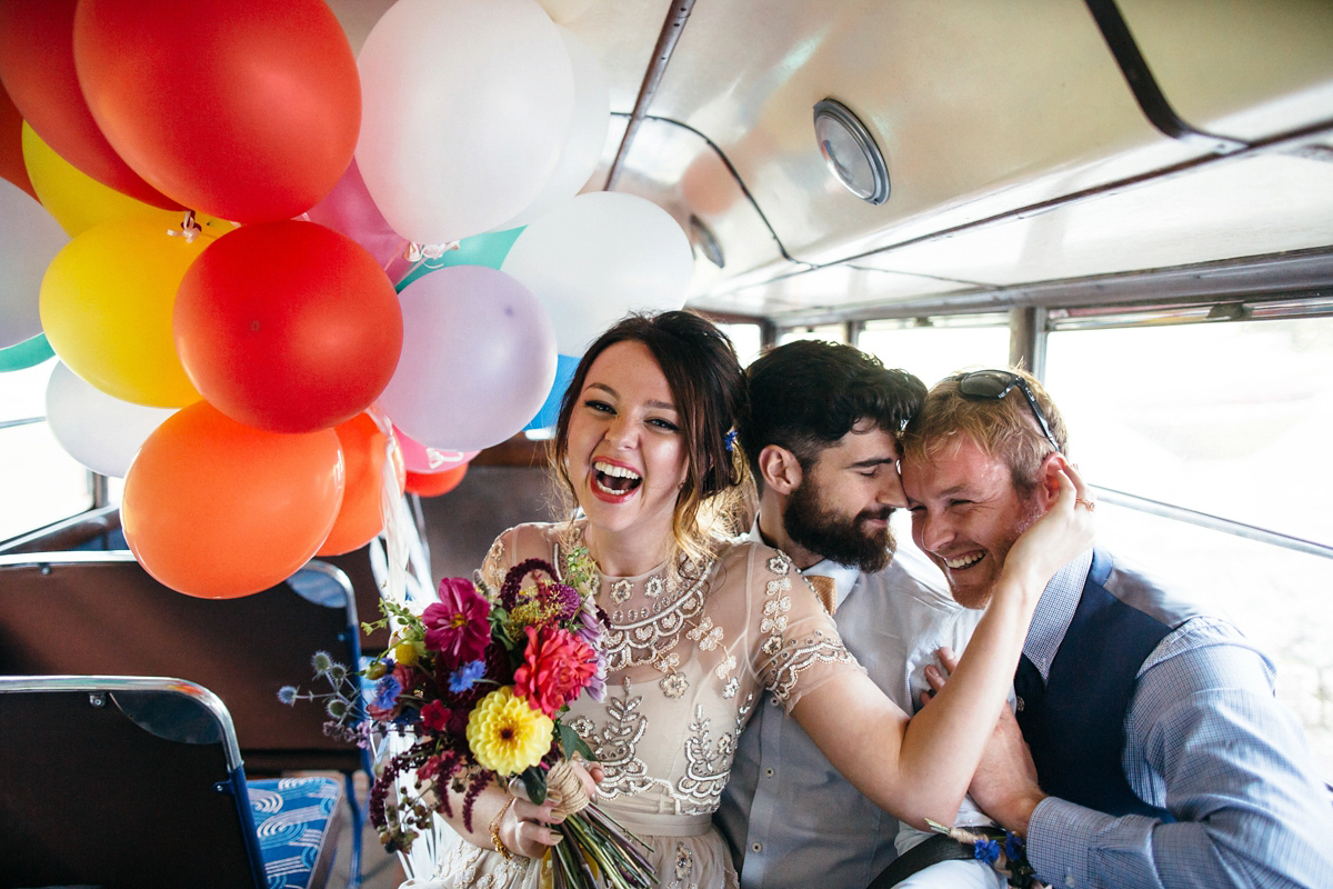 Emily wore a Needle & Thread dress for her colourful, balloon and glitter filled wedding at Coombe Trenchard. Images by Freckle Photography.