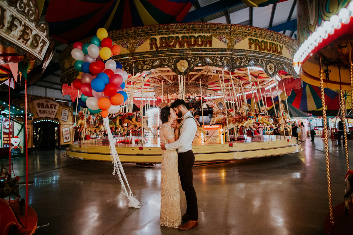 Emily wore a Needle & Thread dress for her colourful, balloon and glitter filled wedding at Coombe Trenchard. Images by Freckle Photography.