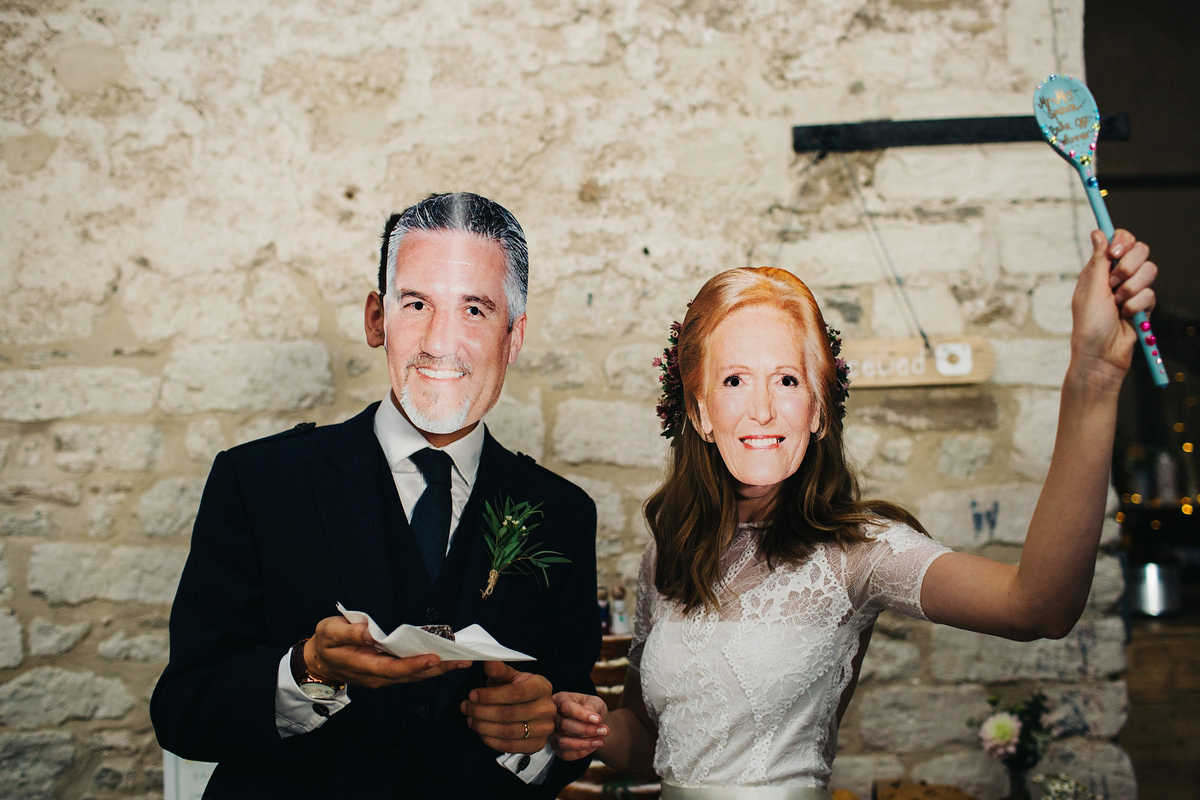 Sarah wore a Grace Loves Lace dress for her rustic Dorset barn wedding with paper cranes. Photography by Richard Skins.