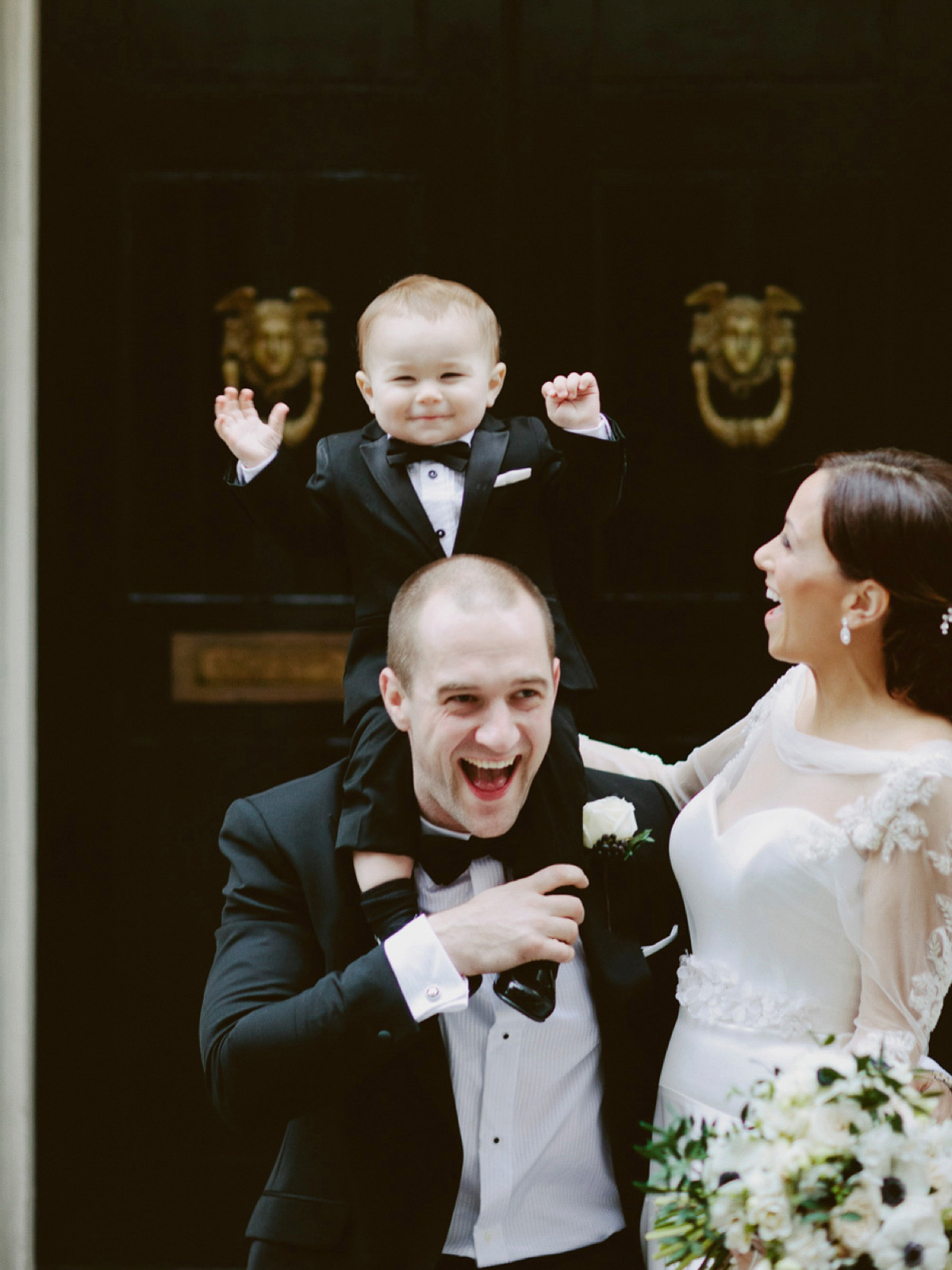 Antonietta wore a chic and elegant long sleeved Suzanne Neville gown for her black tie winter wedding at the RSA in London.