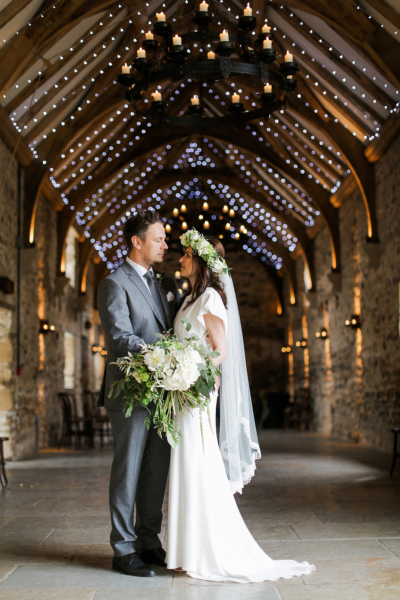 A David Fielden Dress and White Flower Bouquet for an Elegant Barn Wedding
