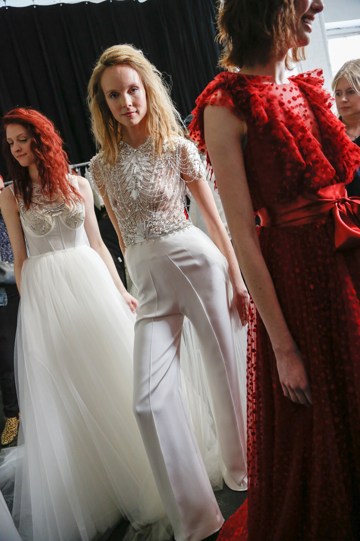 Backstage at the Jenny Packham 2018 bridal collection, New York, April 2017.