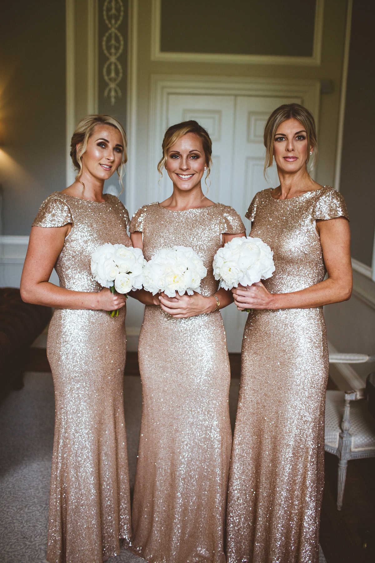 Bridesmaids in Sequin Gold Gowns and a Classically Elegant Caroline Castigliano Bride Love My Dress UK Wedding Blog Podcast Directory Shop