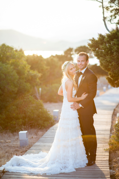 A Tiered Lace Pronovias Dress For Bohemian and Black Tie Wedding in Ibiza