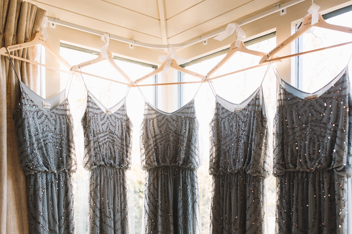 Grey beaded bridesmaids dresses. Image by Cat Lane Photography