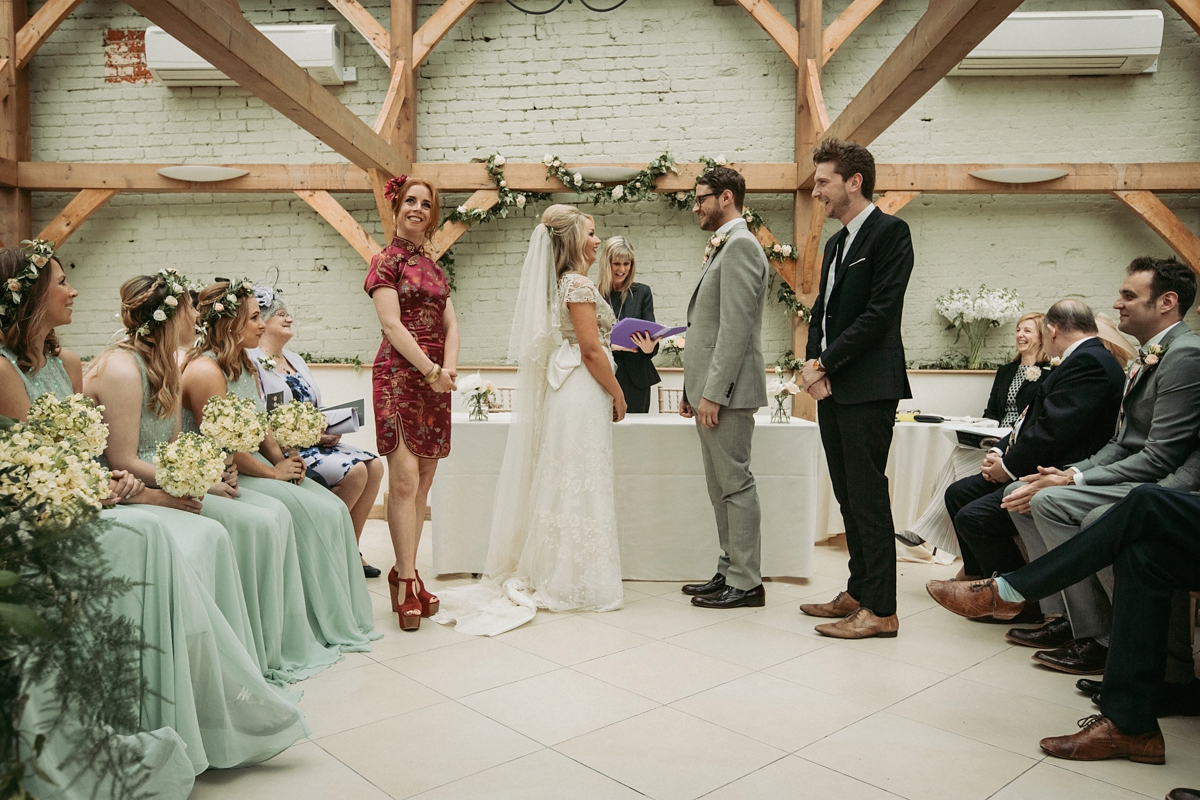 A Jane Bourvis gown for a woodland inspired summer barn wedding. Image by Alexander Newton.